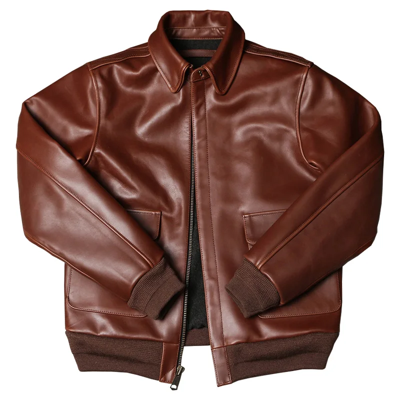 

Brown Winter Leather Jacket Men Military Style Plus Size 5XL Genuine Natural Thick Cowhide Turn-Down Collar A2 Flight Coat