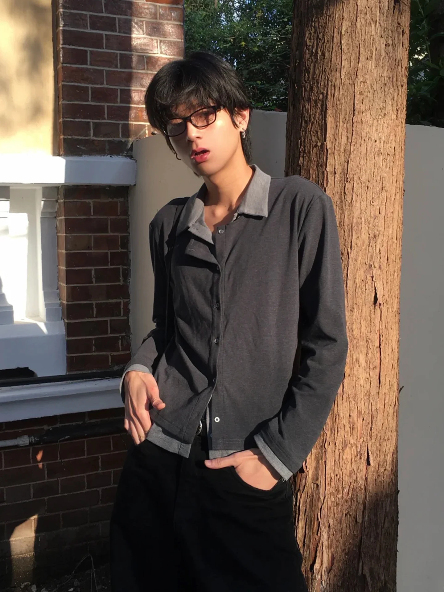 

High-Awaren Men's irt Jaet Slim Fit Long Sve Turn-down Collar Commute Layering Outerwear Faion Youth Sle