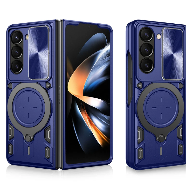 Luxury Magnetic Stand Phone Case Covers for Samsung Galaxy Z Fold 7 4 5 6 Shockproof 360° Rotation Ring Holder Back Cover Cases
