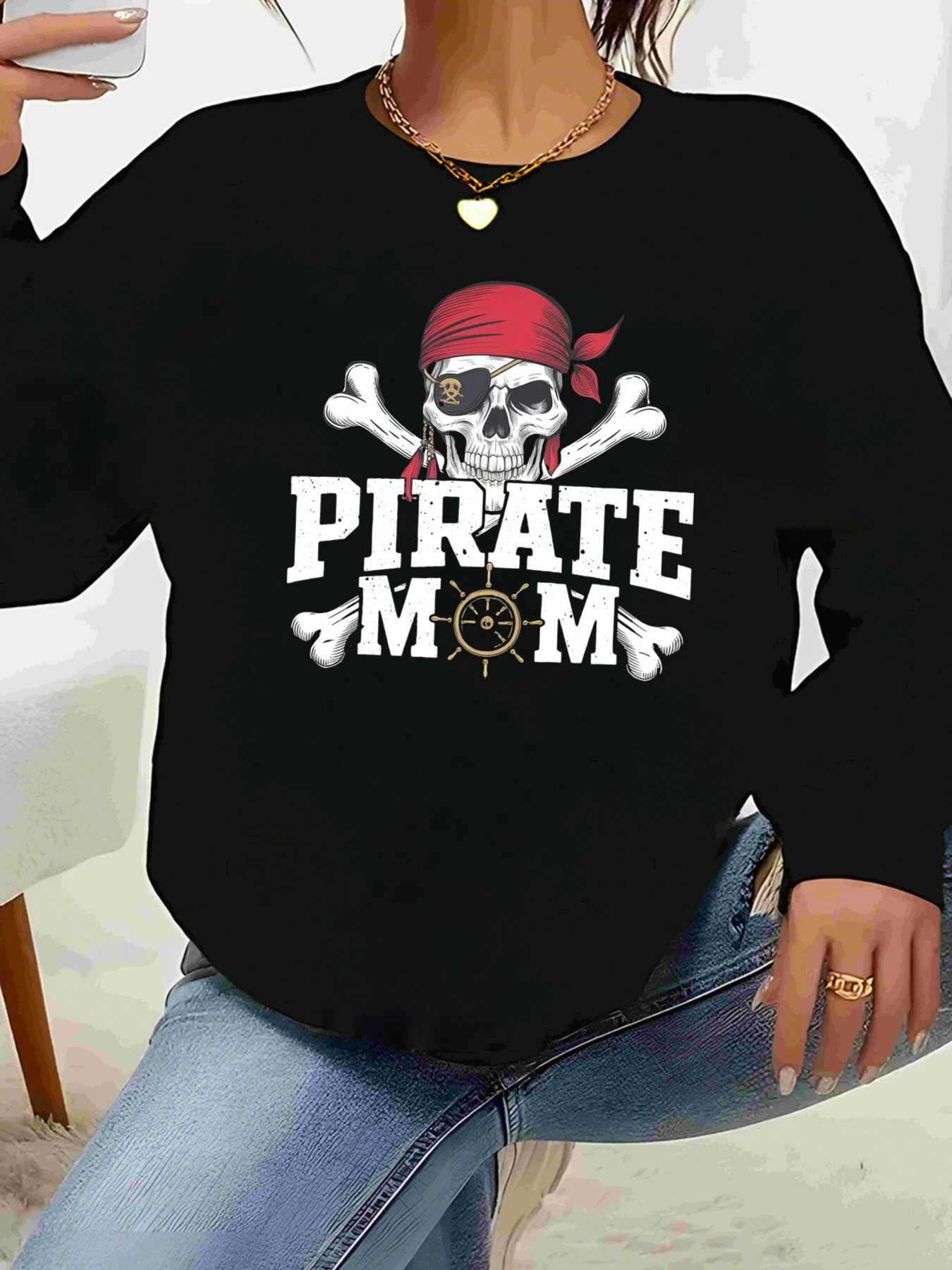 القراصنة الجمجمة وعظمتين متقاطعتين طباعة القراصنة أمي طويلة الأكمام البلوز هالوين ملابس غير رسمية النساء