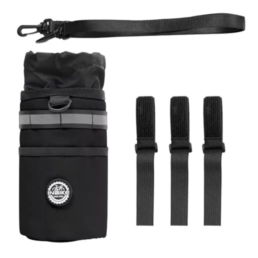 

Bike cup holder for bicycle handlebar, insulated stainless steel, black, fits 16oz-34oz bottles, waterproof reflective surface,