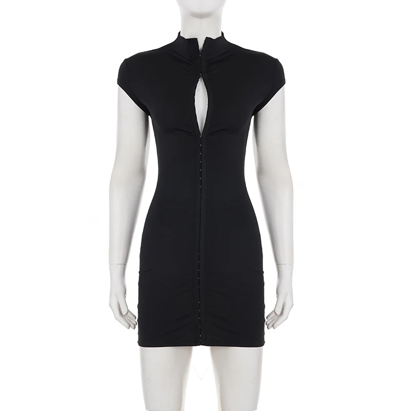 SUCHCUTE Sexy schwarzes, ausgehöhltes Minikleid für Damen, Rollkragenpullover, kurze Ärmel, schmale Roben, elegante, figurbetonte Kleider, schicke Club-Outfits – Detail 4