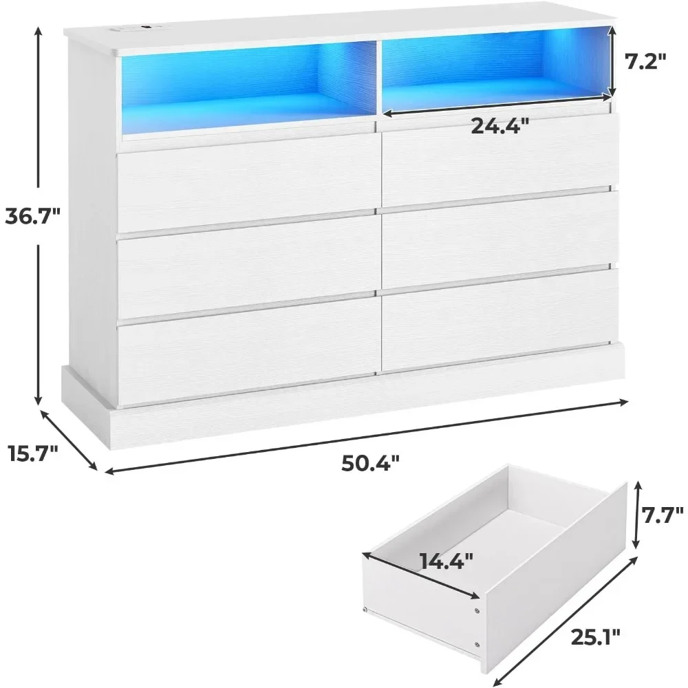 Dresser for Bedroom with LED Lights and Charging Station, White Dresser with No Handle Drawers, Modern Chest of Drawers