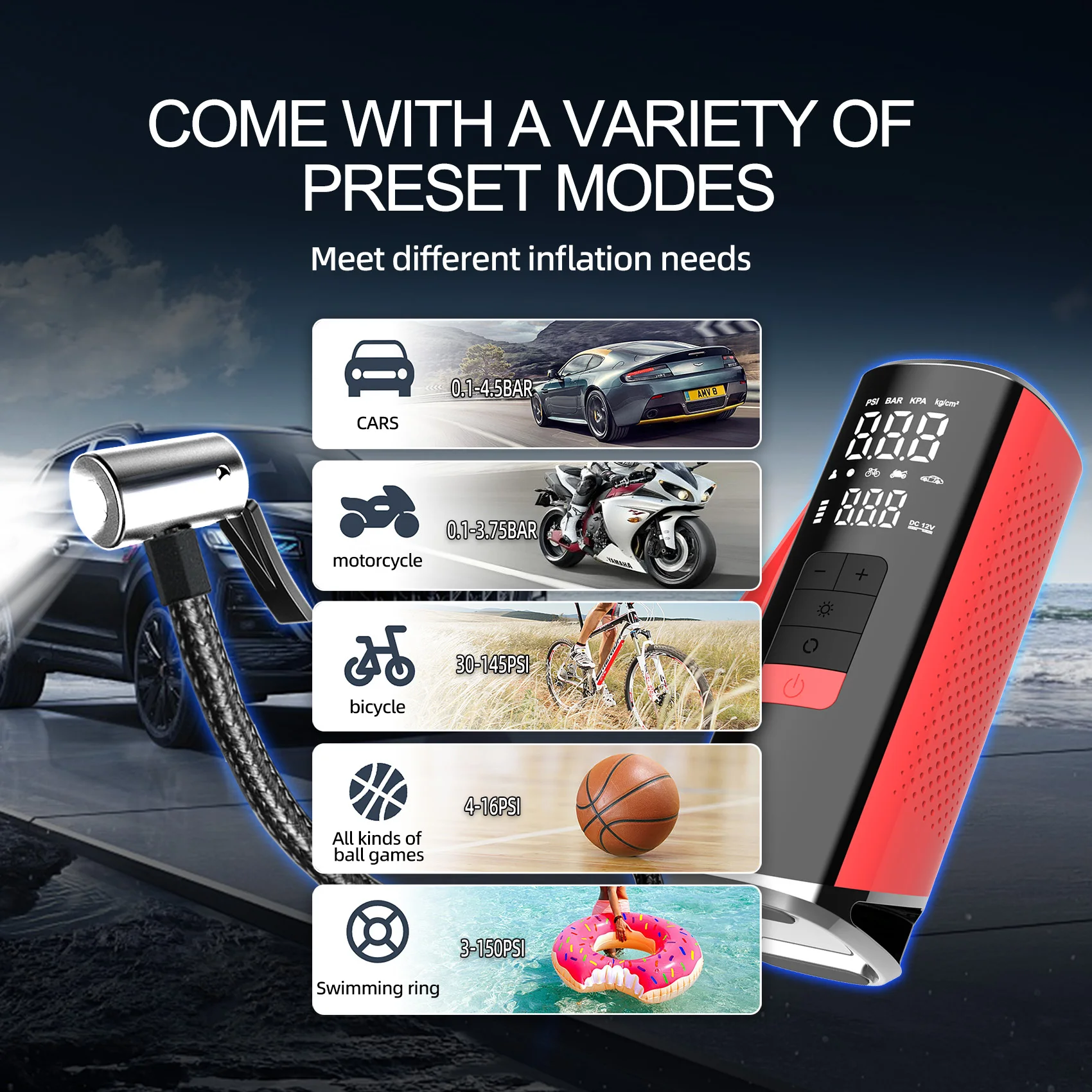 6000mAh Wireless Tire Inflator Portable Air Pump, Digital LED Auto Stop Power Bank for Car Motorcycle Bike Ball Swim Ring