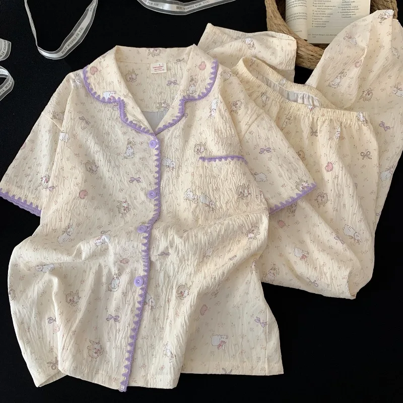 New High Quality Women's Pajamas Set Rabbit and Bow Print Sleepwear Homewear Casual Cute Short Sleeve 3 Piece Pajamas Set