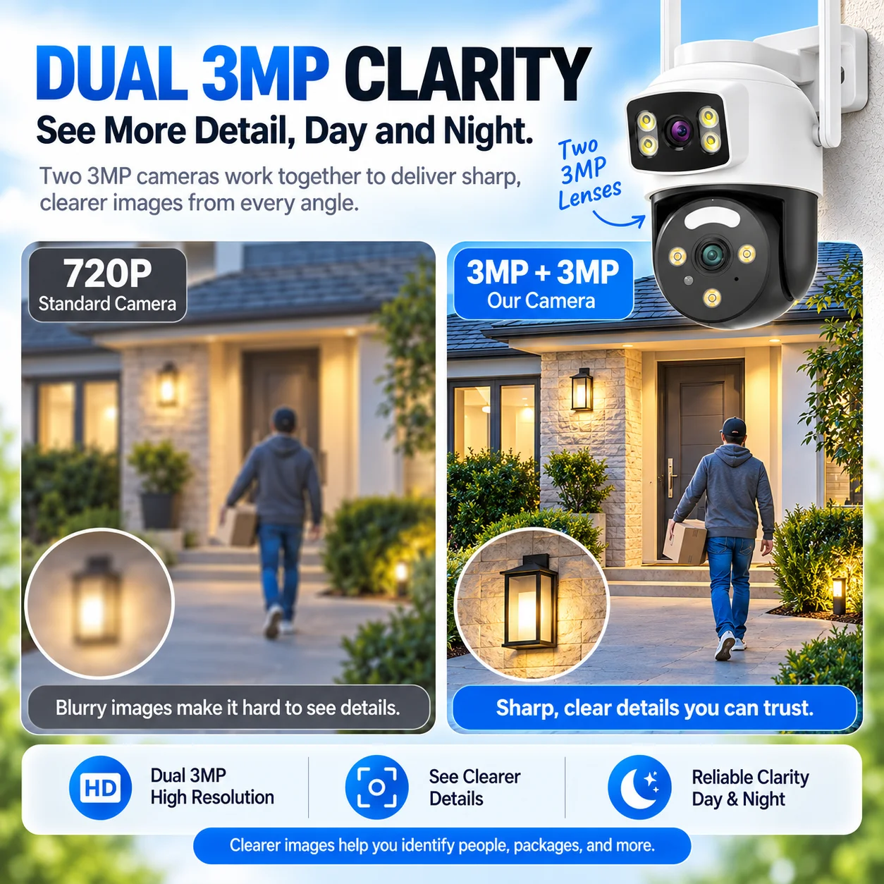 Dual-Lens 3MP+3MP WiFi Security Camera Dual View 355° Pan 90° Tilt AI Human Tracking Full Color Night Vision Two-Way Audio