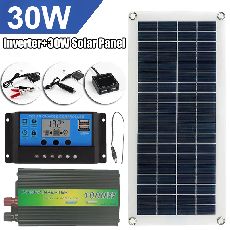 Solar Panel 220V System with1000W Inverter 30W Solar Panel 10A Controller Cell Charger Kit for Car Battery Outdoor Camping