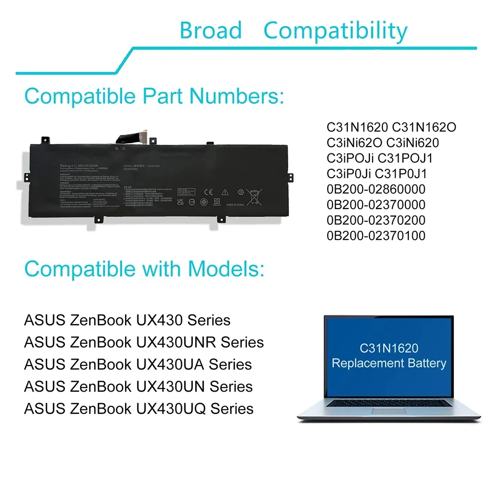 C31N1620 Battery Replacement for Asus Zenbook UX430 UX430U UX430UA UX430UAR UX430UN UX430UNR UX430UQ UX430UQ-GV015T U4100 U4100U