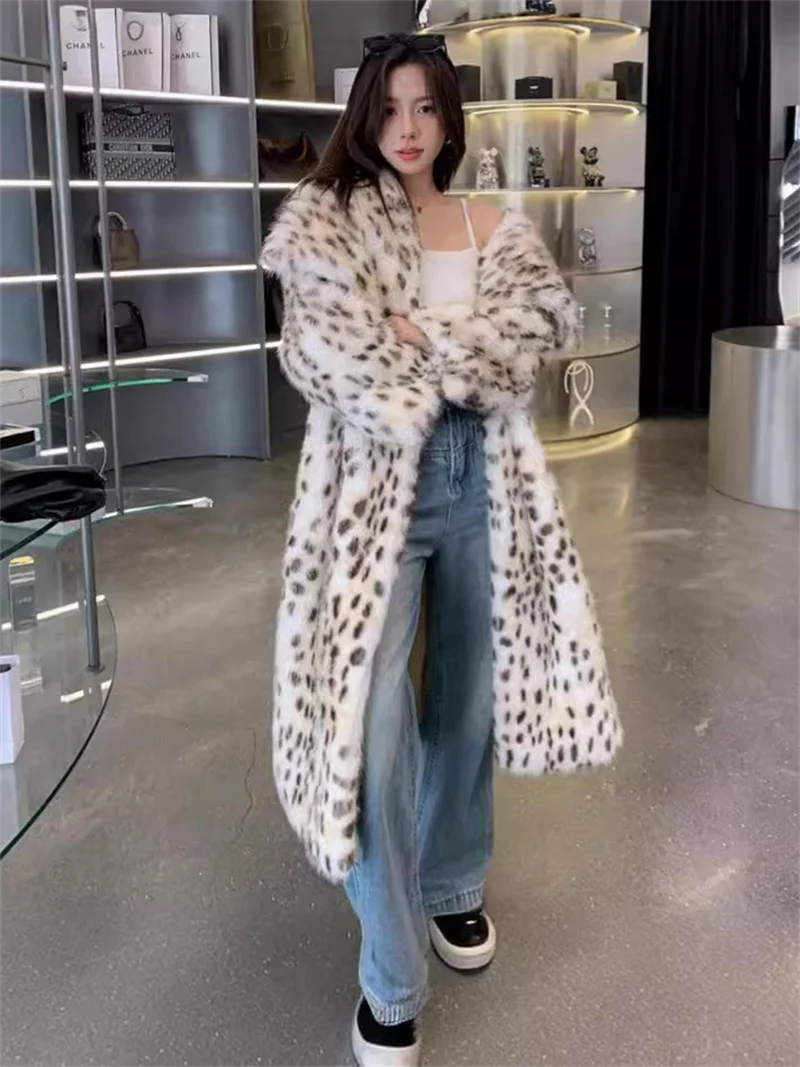 S-9XL Winter Thick Warm Big Turn-down Neck Yellow Dot Windbreaker Coat Women Faux Mink Fur Leopard Long Overcoat Loose Trench