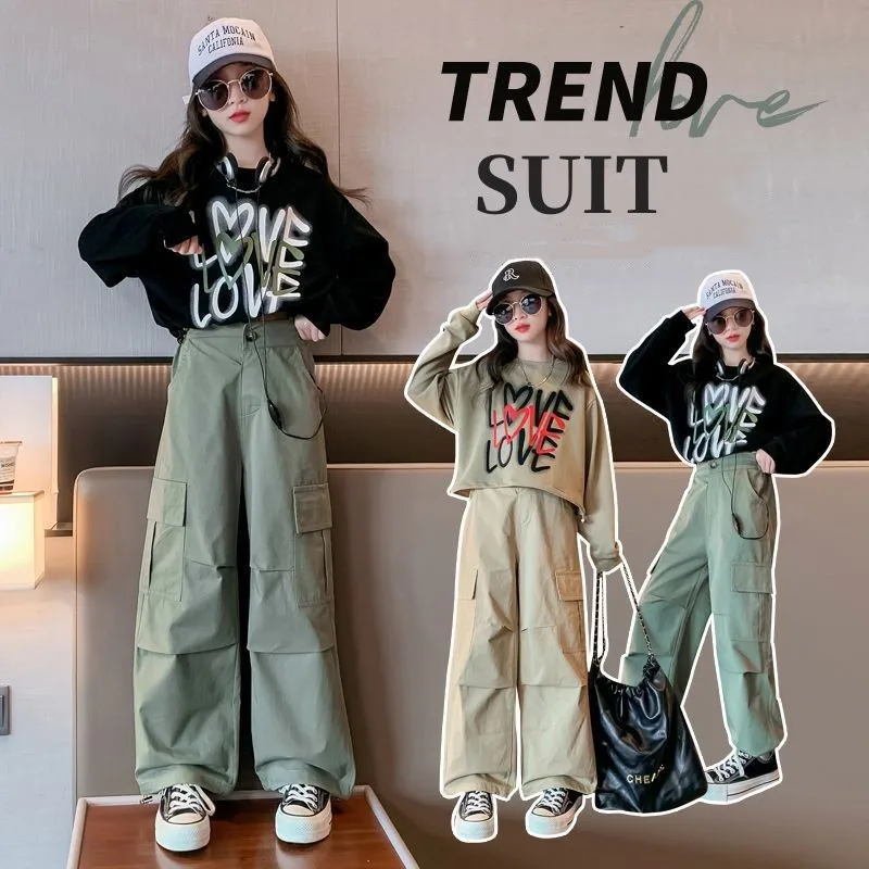 

Spring Autumn Girls Loose Cropped Alphabet Sweatshirt+Plain Workwear Pant Set School Kids 2PCS Tracksuit Children Outfits 5-16Yr