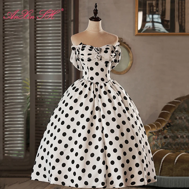 AnXin SH princess white Black polka dot rose flower a line strapless French Retro bride short evening dress little black dress