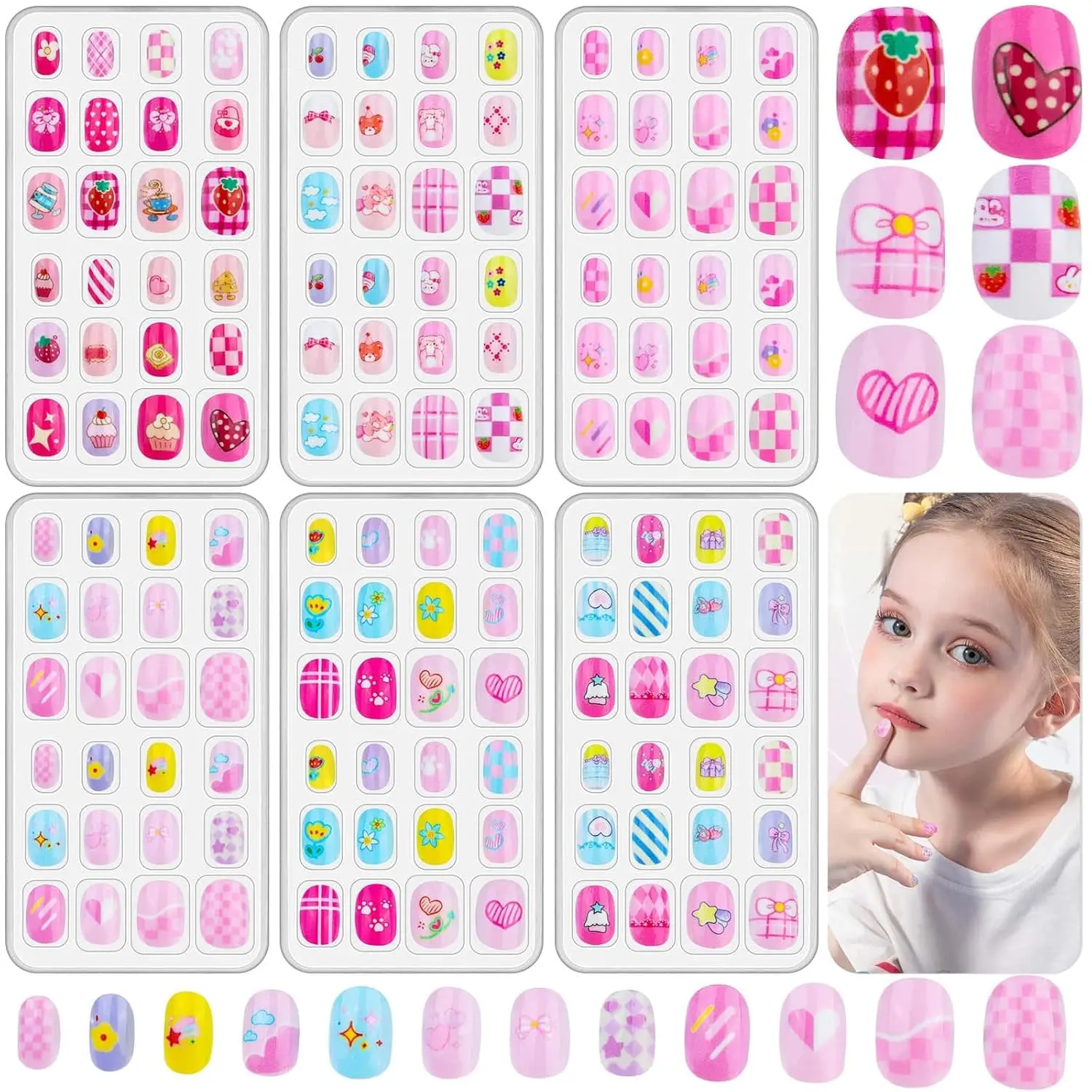 

144 Pcs Kids Press on Nails Set, 6 Pack Artificial Acrylic Nails with Cute Patterns for Girls