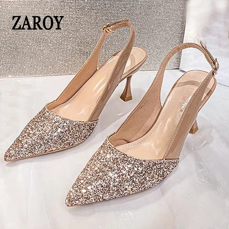 

ZAROY Luxury Design Bling Sequin High Heels Women Sexy Pointed Toe Elegant Slingback Sandals Banquet Wedding Dress Pumps Zapatos