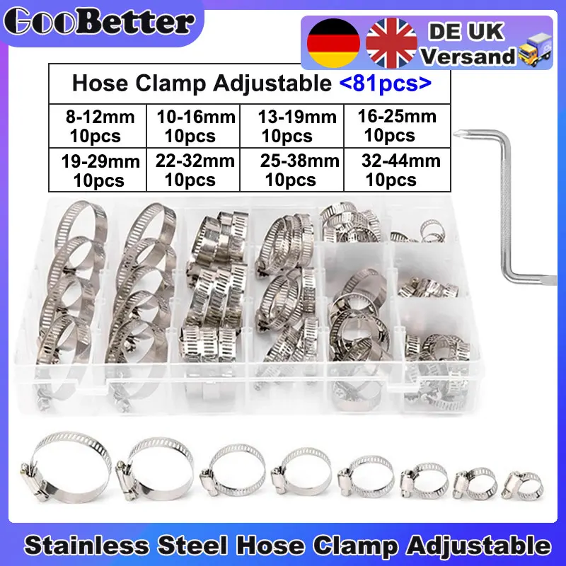 

81Pcs Hose Clamp Adjustable 304 Stainless Steel Worm Gear Hose Clamps Set for Water Pipe Intercooler Plumbing