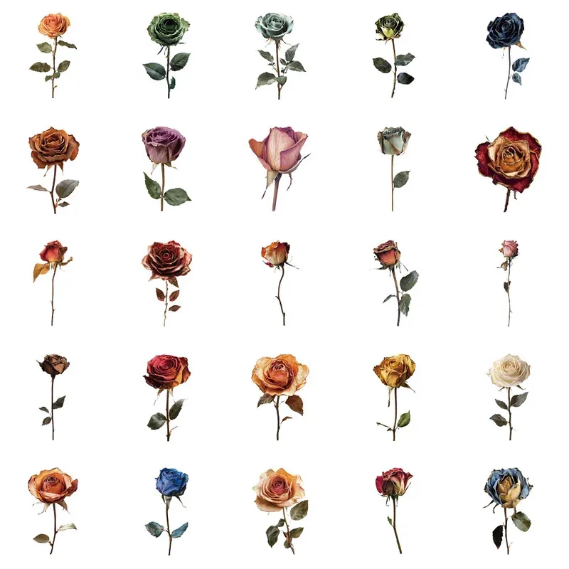 50 Stück getrocknete Rosen, dekorative Graffiti-Aufkleber, Gepäck, Notebook, Skateboard, Motorrad, PET, wasserfeste Aufkleber