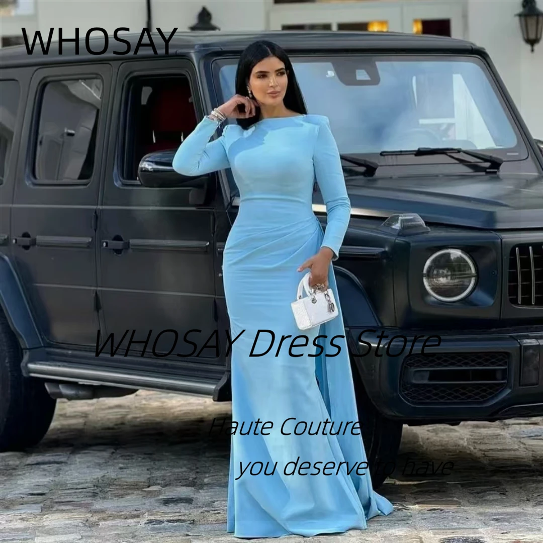 

WHOSAY Sky Blue Evening Dresses Customized Long Sleeves Prom Dress with Flutters Zipper Back Saudi Arabia Party Gowns
