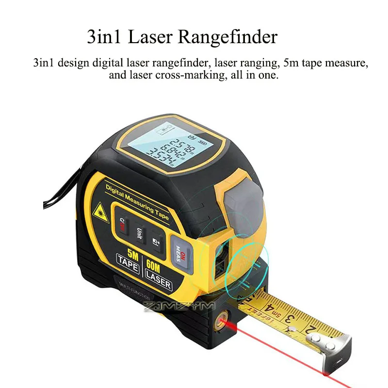 3 in 1 Laser Measuring Tape 40M/60M Laser Distance Meter 5M Steel Tape with Cross Line Laser Level Digital LCD Measure Tool
