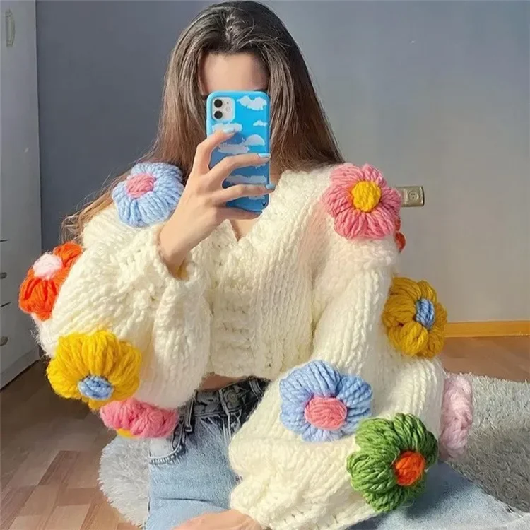

Fashion Women 3D Floral Handmade Sweater Cardigan Luxury Sweet Fall Winter Lantern Sleeve Knitted Loose Short Open Stitch