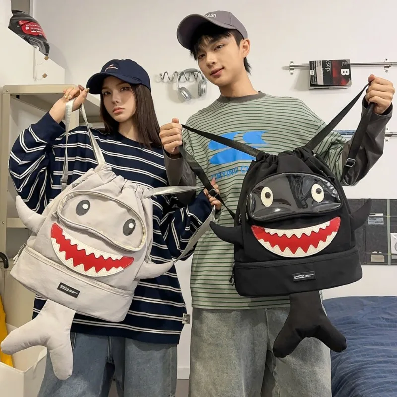 1pcs Light Water Resistant Nylon Cartoon Shark Drawstring Backpack Outdoor Gym Swimming Storage Bag For Men Women Streetwear