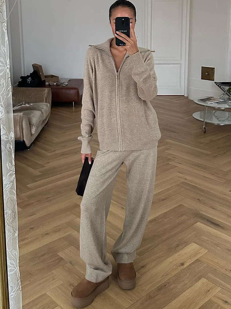 

Tuularose Casual Knit Women Coat Pant Set White Lantern Full Sleeve Coats Female Sets Sport Wide Leg Lady Trousers Suit Pant Set