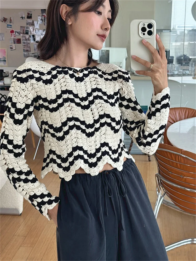 Contrasting Color Wave Edge Ladies Loose Fit Pullover Knitwear Tops Early Autumn Women Handmade Crochet Knit Sweater