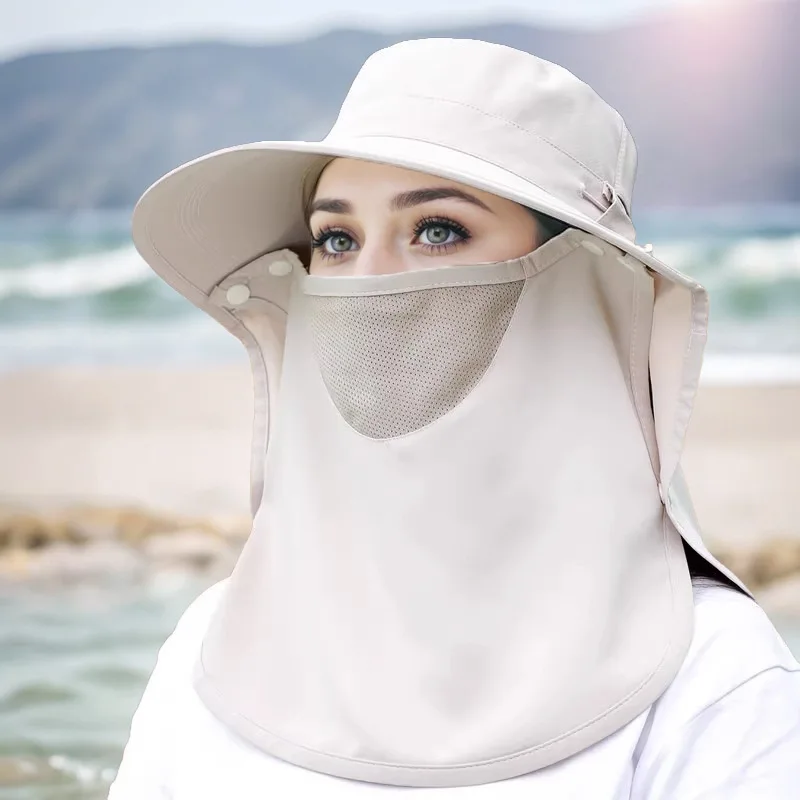 Women 100% Cotton Wide Brim Uv Protection Sun Hat With Removable Face Neck Flap Foldable Outdoor Bucket Hat For Beach Hiking Cam
