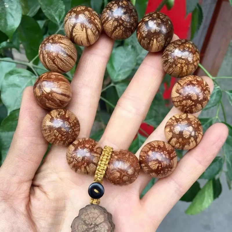 Dragon's Beard Vine Inlaid Beads , Buddhist Bead Bracelet, Watermelon Rosewood Plum Blossom Wood, Six-Grain