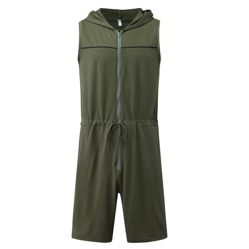 Men Short Jumpsuit Tight Sleeveless Bodysuit Zipper Hooded Rompers Short Pants Casual Home Wear Tracksuit Pajamas