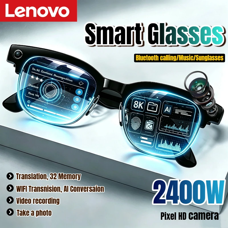 Lenovo AI Smart Glasses 2400W HD Camera 8K Shooting Image Bluetooth Call Recording Translation Music Smart Sunglasses 2027