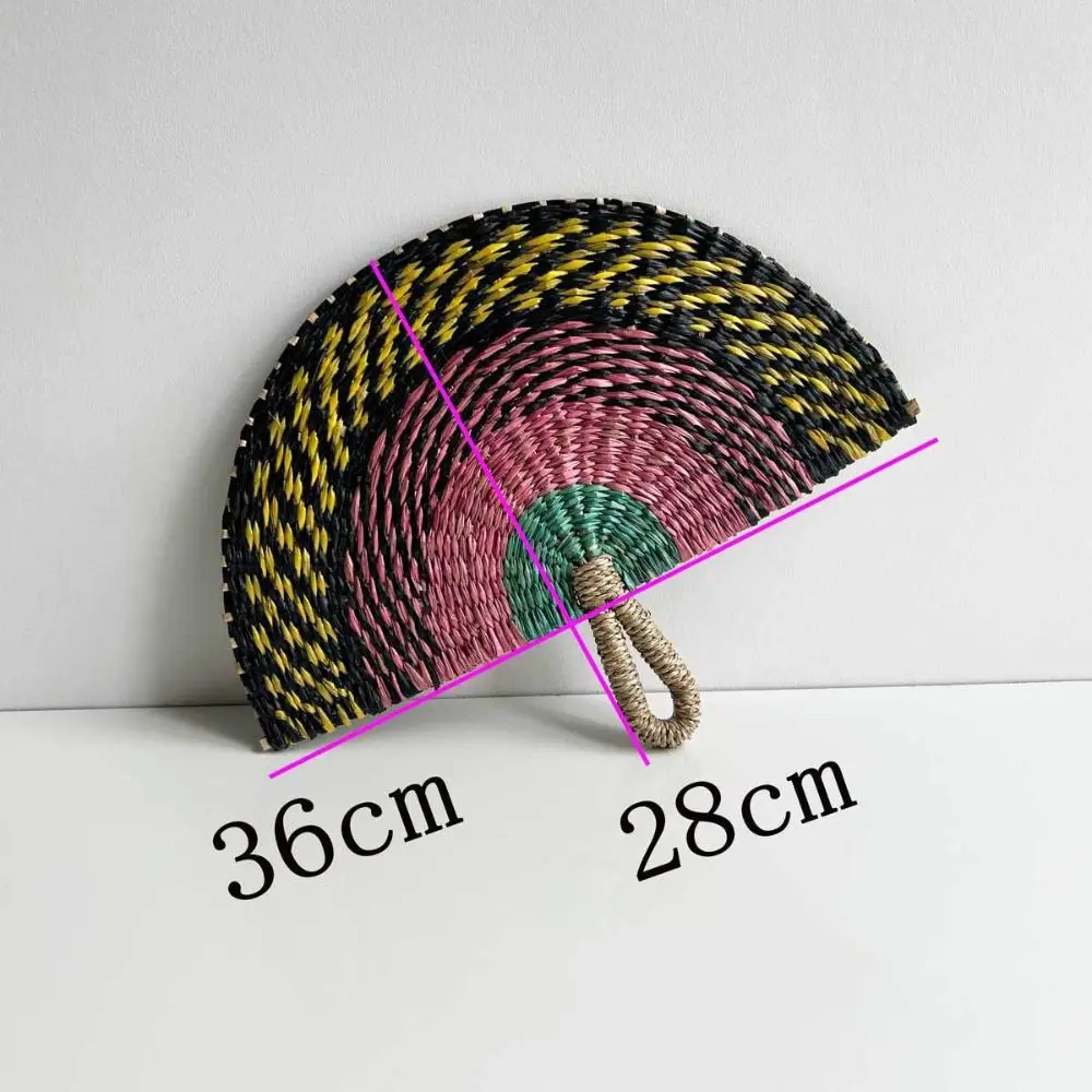 Natural Seaweed Straw Fan Handmade Boho Style Grass Woven Fan Semicircular Cooling Fan Home Decor