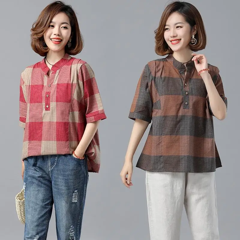 Camicette scozzesi stampate a maniche corte con colletto alla moda Abbigliamento donna 2025 Estate Nuove magliette allentate per pendolari Camicie per tutte le partite