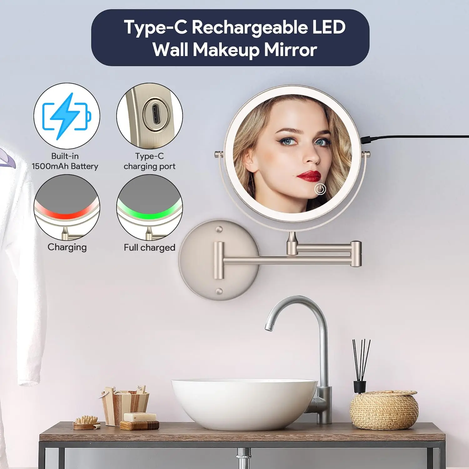 Accessori per specchi da bagno pieghevoli a LED touch in nichel spazzolato Specchio per trucco illuminato magnificamente 10X Specchi da bagno rotondi touch