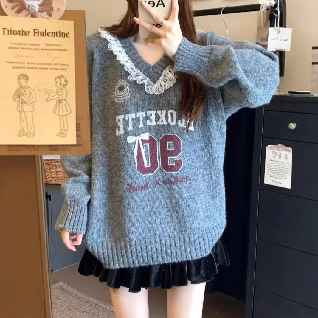 

Lace Lace V-neck Sweater Women's Autumn and Winter Sweet Style Design Warm Knit Sweater Pullover Top