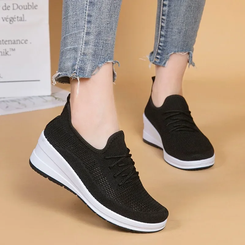 Wedges Women Shoes Mesh Breathable Flatform Sneakers Fashion Thick Sole Ladies Elevator Shoes Comfortable Outdoor Casual Sneaker