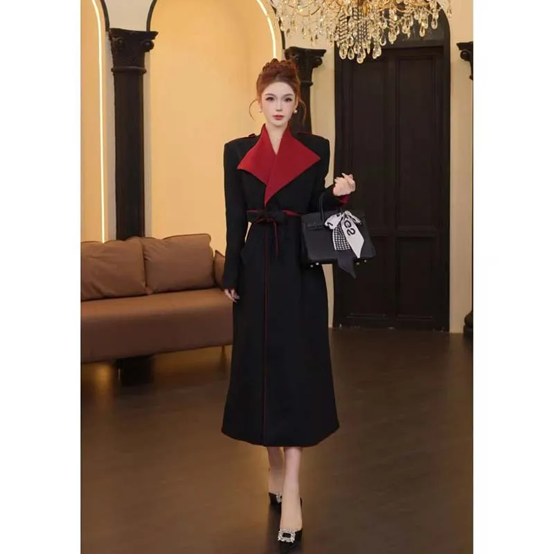 

Loose Long Sleeve Windbreaker Style Dress with Belt Spring Autumn Long Dress Polyester Fiber Pure ColorHY0142