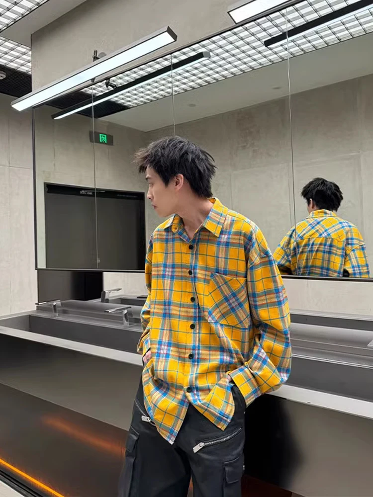 

American Sle Men's Yellow Plaid irt Spring Faion Brand Retro Loose Sun Protection Outerwear Long Sve Stand Fit