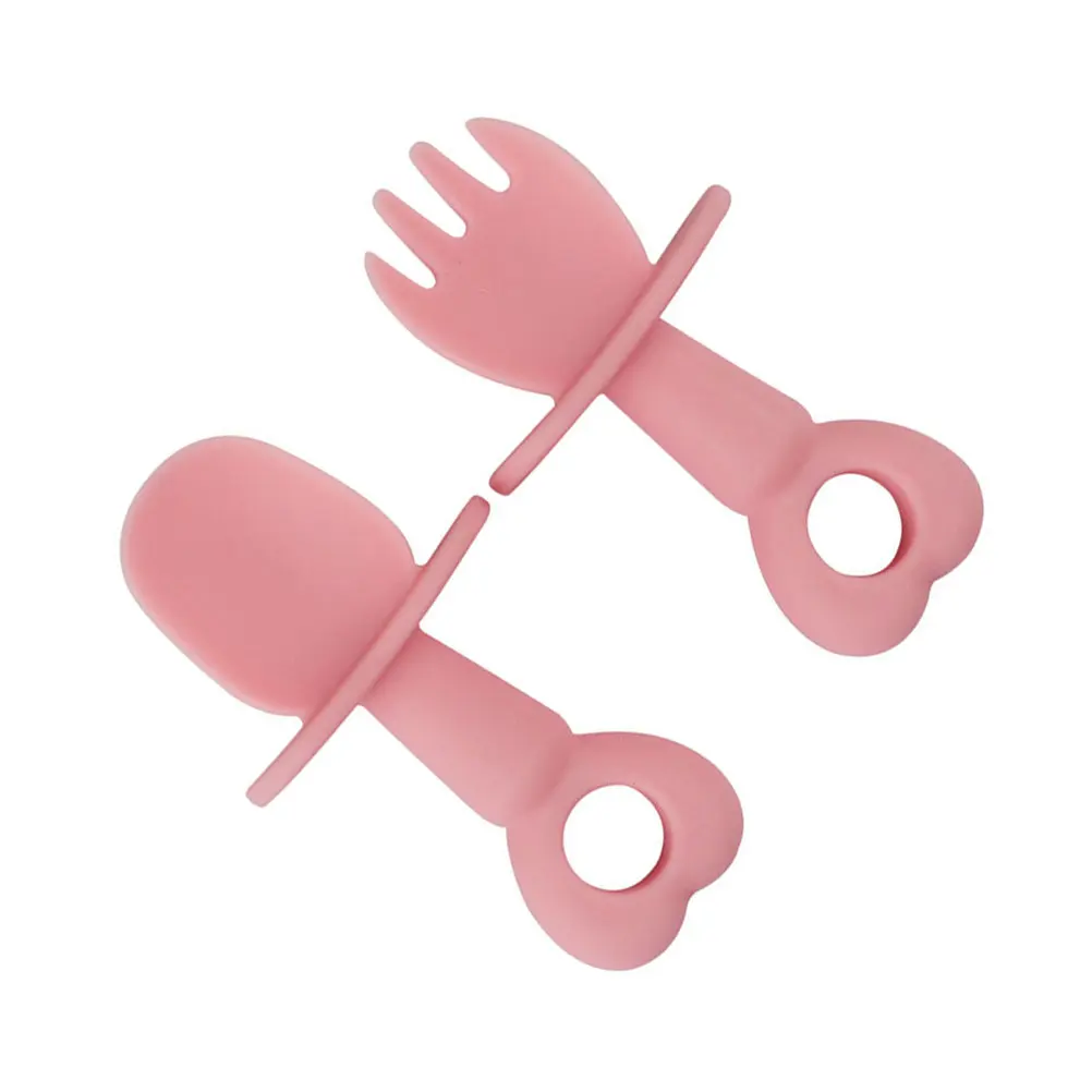 

2Pcs Silicone Baby Fork Spoon Set Ergonomic Handle Rounded Edges Safe for 0-6 Years High Temp Sterilizable Heart Design Infant