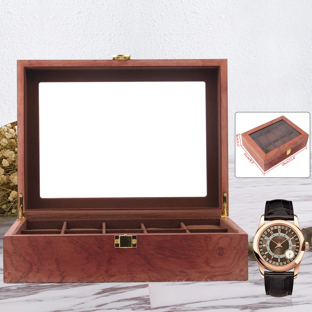 10スロット木製腕時計収納ケースオーガナイザー、男女兼用、ヴィンテージ腕時計ディスプレイボックス、コレクション用枕付き
