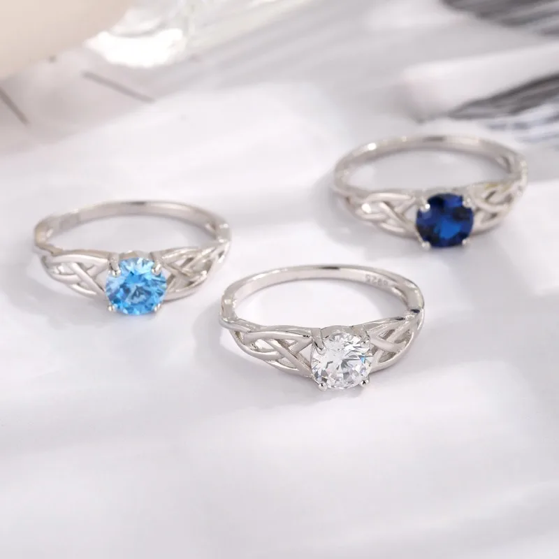 خاتم فضة S925 فاخر أزرق فاتح خاتم ألماس مستدير شخصية أنيقة خاتم نسائي بسيط #3