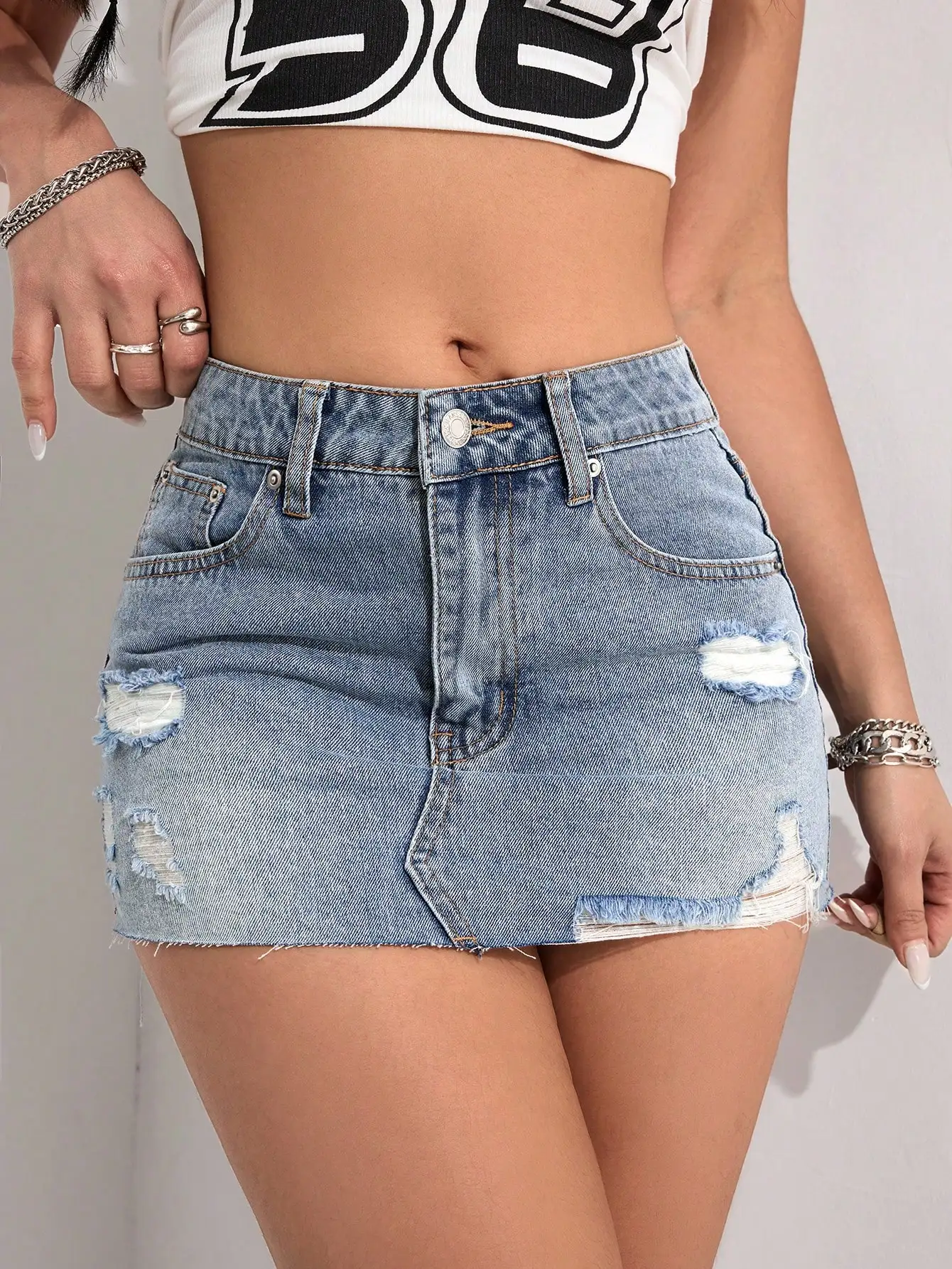 レディース ダメージ加工 ハイウエスト フィット ミニデニムスカート カットオフ裾付き