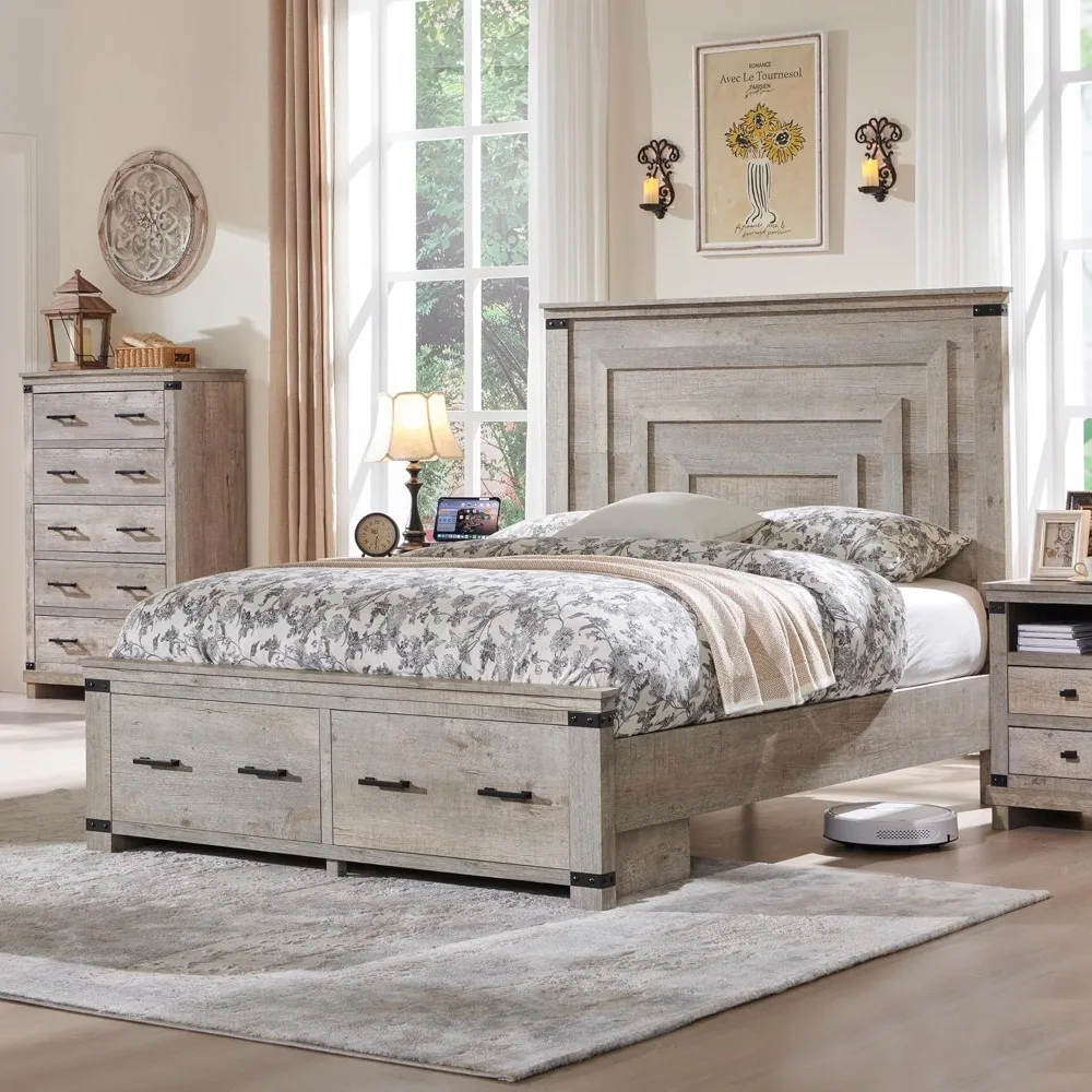 

bed， Farmhouse Full Size Bed Frame w/ 54" Tall Geometric Headboard, Rustic Wood Platform Bed w/ 2 Large Storage Drawers,