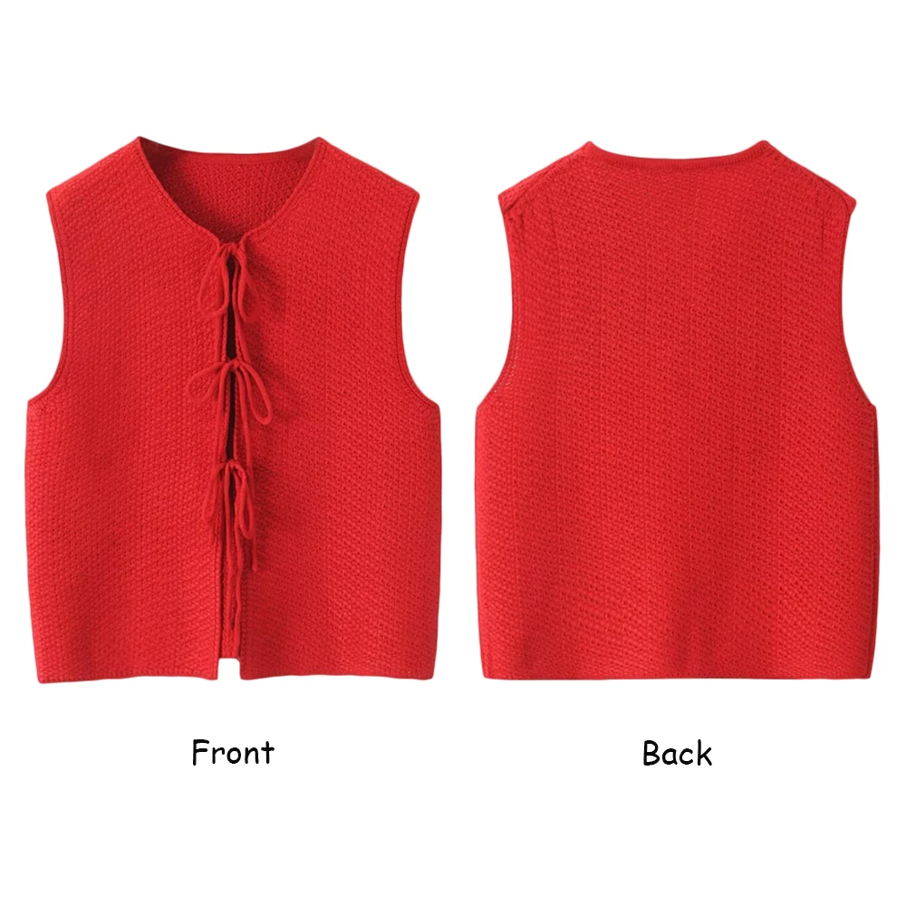 TRAF ZR Elegant Chic Women V-neck Sleeveless Knitted Tops Tanks & Camis Y2k Tops Vintage Summer Knitwear Front Knotted Bows