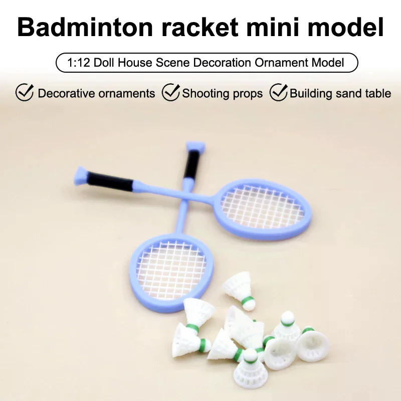 1/12 Dollhouse Simulation Mini Badminton Racket Set Dollhouse Sports Scene Decoration Dolls House Pretend Play Toys