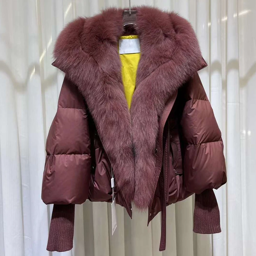 Chaqueta de plumón de ganso con cuello de piel de zorro Real Natural para mujer, abrigos de plumón cálidos de lujo para invierno