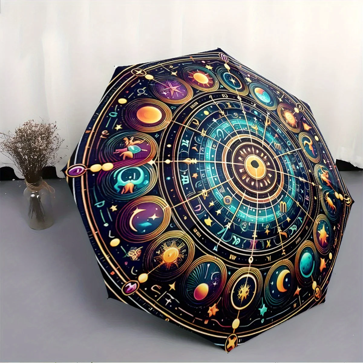 

Automatic Open/Close Zodiac Umbrella with Aries Leo Scorpio Astrology Design - 8-Rib Windproof Travel Umbrella, Folding Compac