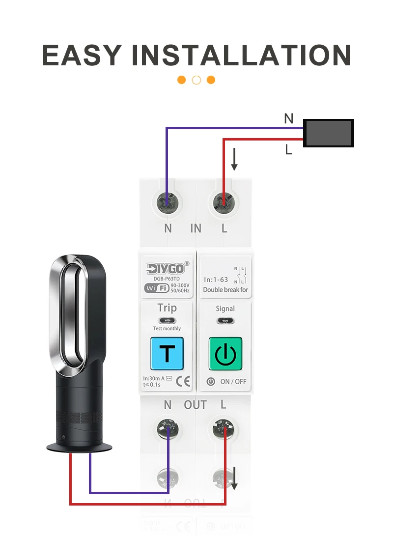 DIY GO TUYA 2P Leistungsschalter WIFI Smart Switch 1-63A Energiezähler Spannungs- und Stromüberwachung Leckageschutz Relais-Abschaltung L+N – Detail 7