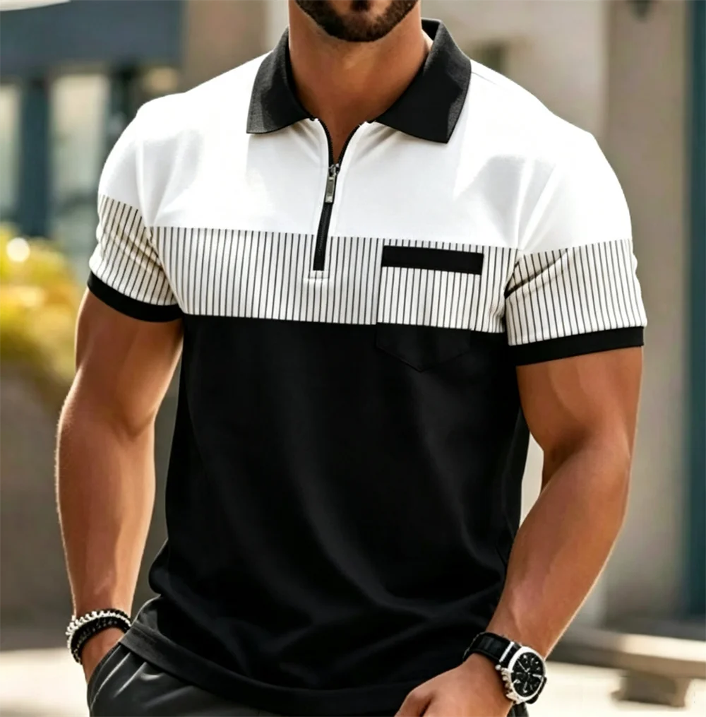 New taro purple patchwork striped zipper polo shirt for men's casual color blocking pocket short sleeved top clothing