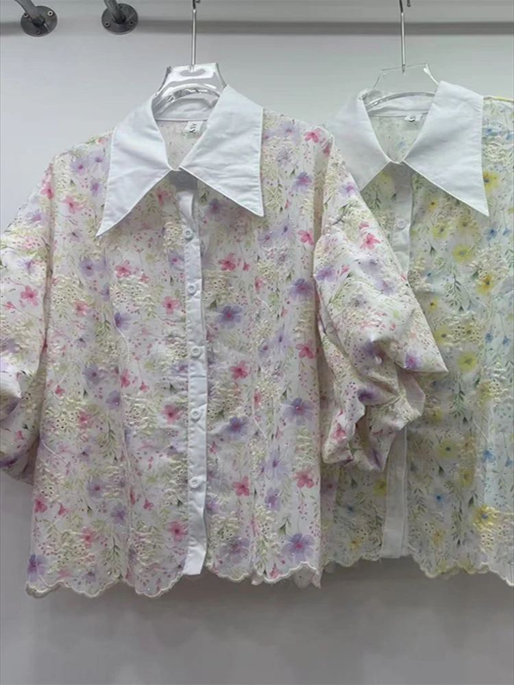 2025 Summer Hot Diamond Embroidered Bubble Sleeve Cotton and Linen Shirt Women High Waist Short Printed Blouse Sweet Flower Top