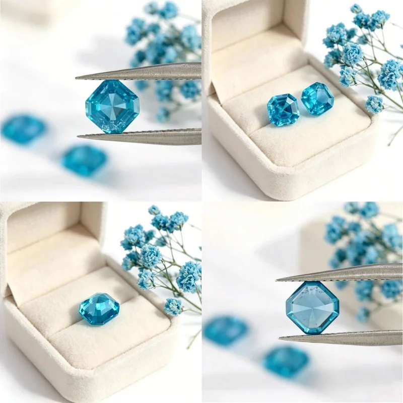 Laborgezüchteter Saphir in Asscher-Schliff mit Aquamarin-Farbe und Zertifikat – Detail 6