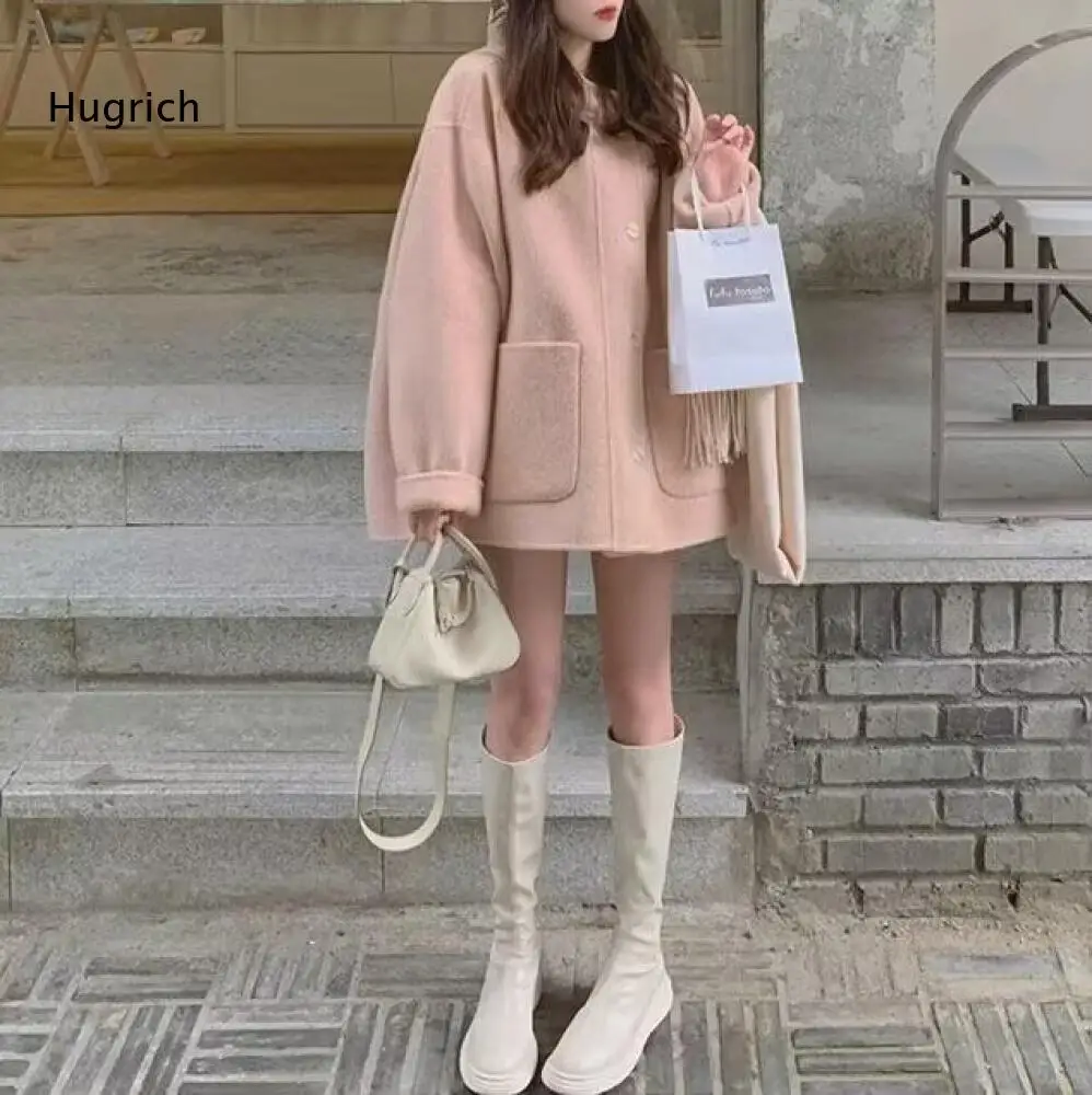 Oversized Loose Wool Blend Coat For Women Lapel Collar Single Breasted Style Big Patch Pockets For Casual Cold Weather Outfit